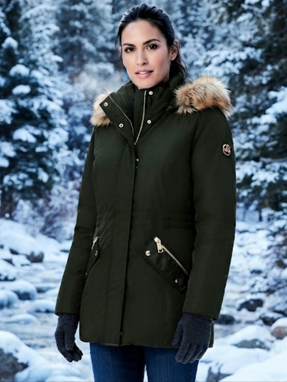 Adrienne Vittadini Down Parka Jacket Olive Green Faux Fur Trim Size Large